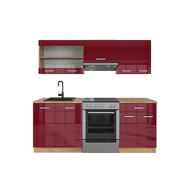Vicco R-Line Küchenzeile Bordeaux Hochglanz/Goldkraft Eiche 200 cm ohne Arb günstig online kaufen