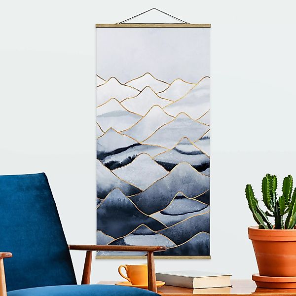 Stoffbild Abstrakt mit Posterleisten - Hochformat Aquarell Berge Weiß Gold günstig online kaufen