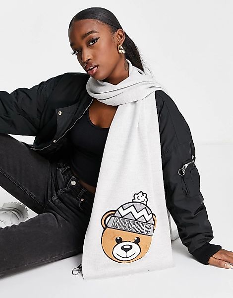 Moschino – Schal aus Teddyfell in Schwarz mit Logo günstig online kaufen
