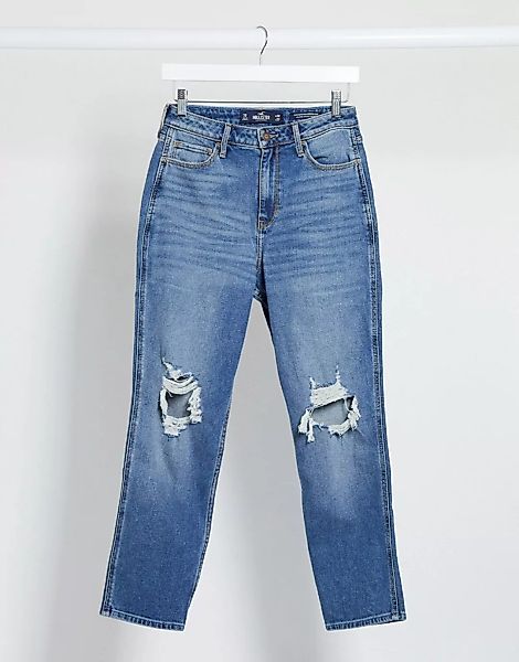 Hollister – Mom-Jeans in verwaschenem Mittelblau im Used-Look günstig online kaufen