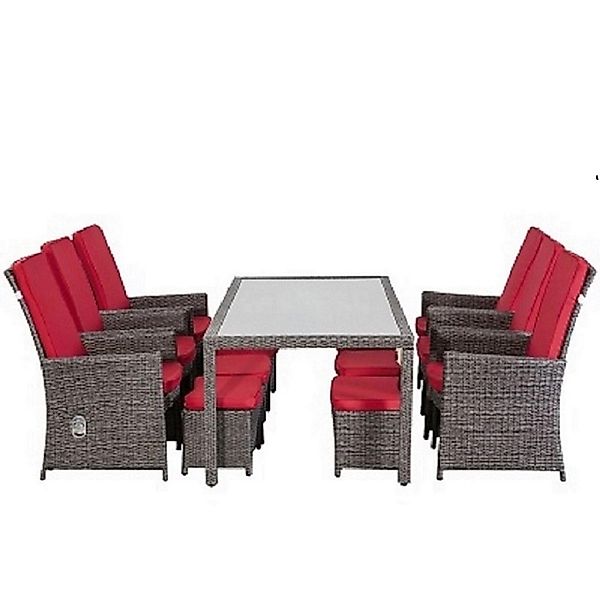 Jet-Line Rattan Gartenmöbel Essgruppe Ecuador in Grau mit Kissen in Rot günstig online kaufen
