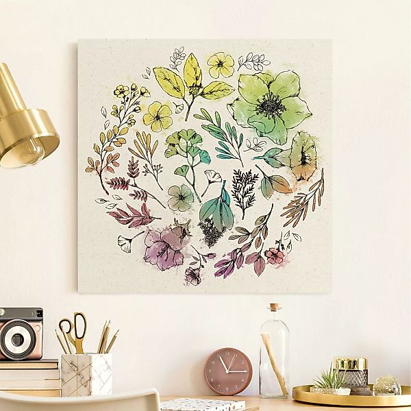 Leinwandbild auf Naturcanvas Gezeichnetes florales Regenbogenaquarell günstig online kaufen