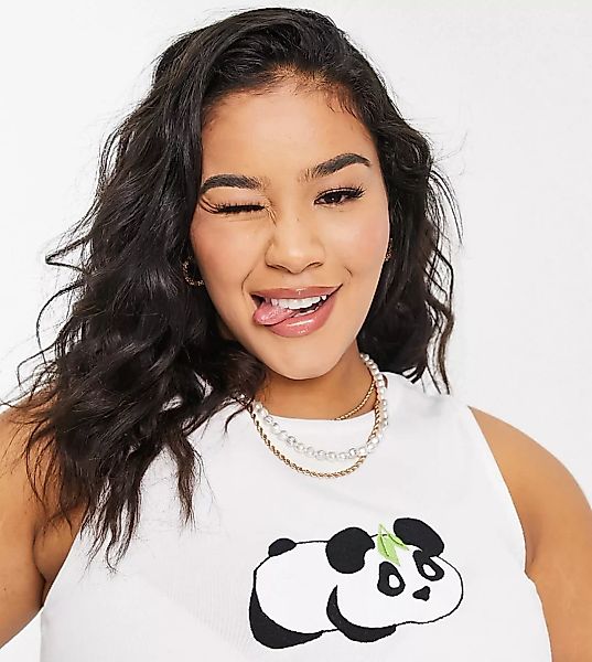Native Youth Plus – Figurbetontes, geripptes Trägertop mit Panda-Stickerei- günstig online kaufen