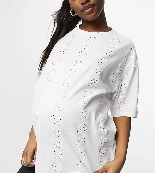 ASOS DESIGN Maternity – Oversize-T-Shirt mit durchgehendem Stickmuster-Weiß günstig online kaufen
