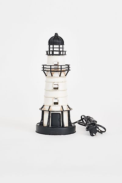 Leuchtturm aus Metall mit LED – 32 cm, schwarz-weiß günstig online kaufen