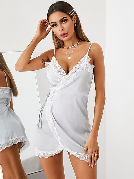YOINS Grey Wrap Design Patch Lace Mini Kleid günstig online kaufen