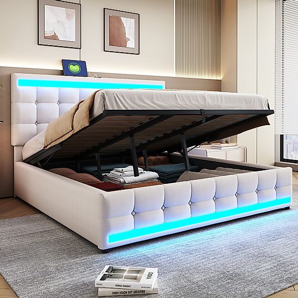 Flieks Polsterbett, LED Doppelbett Stauraumbett 2 günstig online kaufen