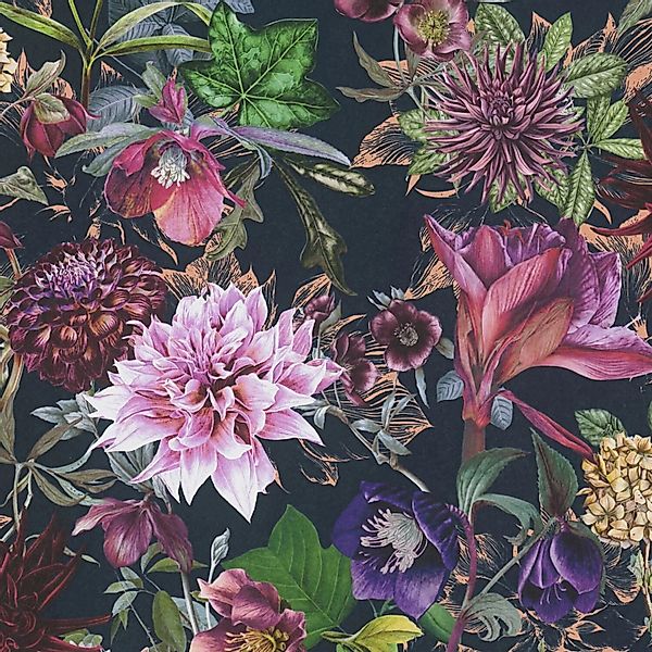 PROFHOME 381756-GU Blumen Tapete Floral Matt Schwarz Lila Rosa Grün 0,53 m günstig online kaufen