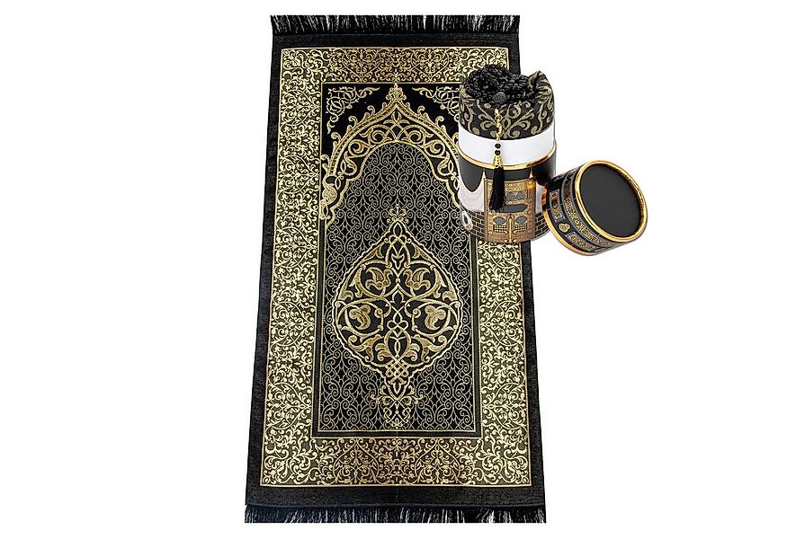 TeppichHome24 Teppich Gebetsteppich Taftstoff Schwarz-Gold Geschenkbox und günstig online kaufen