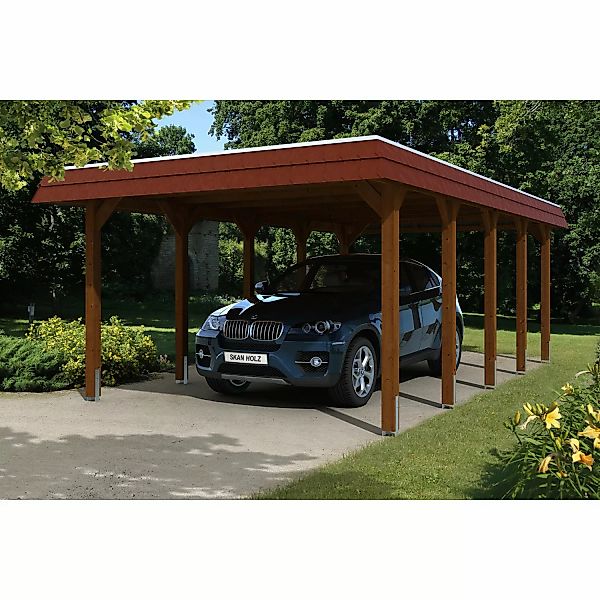 Skan Holz Carport Spreewald 396 cm x 741 cm rote Blende Nussbaum günstig online kaufen