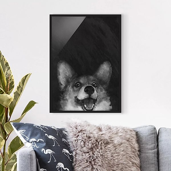 Bild mit Rahmen Tiere - Hochformat Illustration Hund Corgi Malerei Schwarz günstig online kaufen
