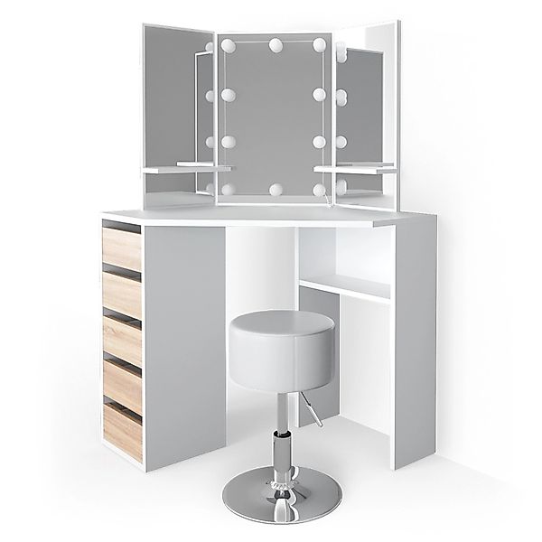 Vicco Eckschminktisch Arielle Weiß/Sonoma/Sonoma 110 cm mit LED Beleuchtung günstig online kaufen