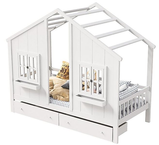 FUROKOY Kinderbett Weiß Hausbett Einzelbett 90x200 cm mit 2 Schubladens, Sp günstig online kaufen