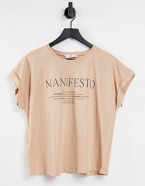 Mango – T-Shirt in Kamelbraun mit Schriftzug-Neutral günstig online kaufen