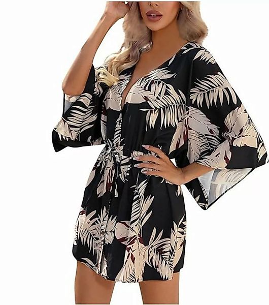 KIKI Strandkleid Sommerkleid mit Blättermuster und Dreiviertelärmeln günstig online kaufen