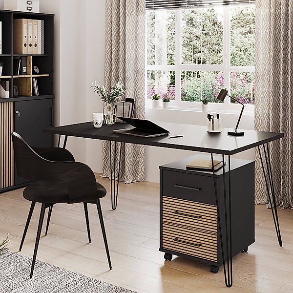 Büromöbel Set 2-teilig mit Schreibtisch, schwarz, Akustikpaneel-Optik HUNTS günstig online kaufen