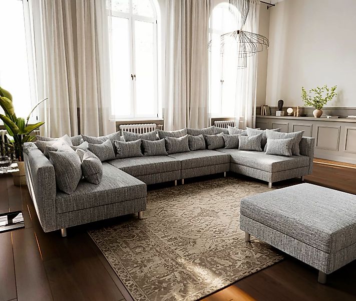 Wohnlandschaft Clovis XL Hellgrau Strukturstoff Modulsofa Hocker günstig online kaufen