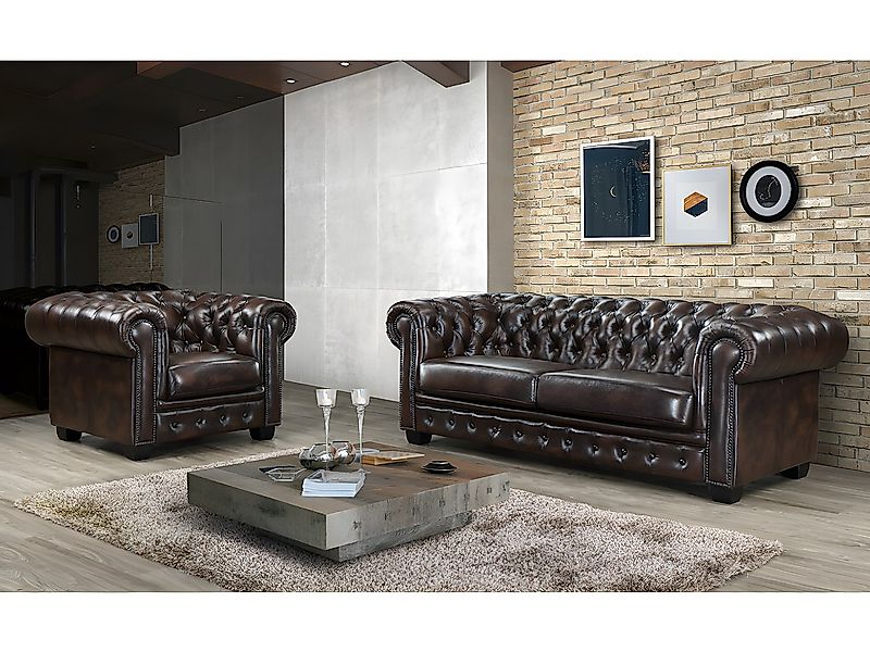 Chesterfield Ledersessel - Büffelleder - Braun - BRENTON günstig online kaufen