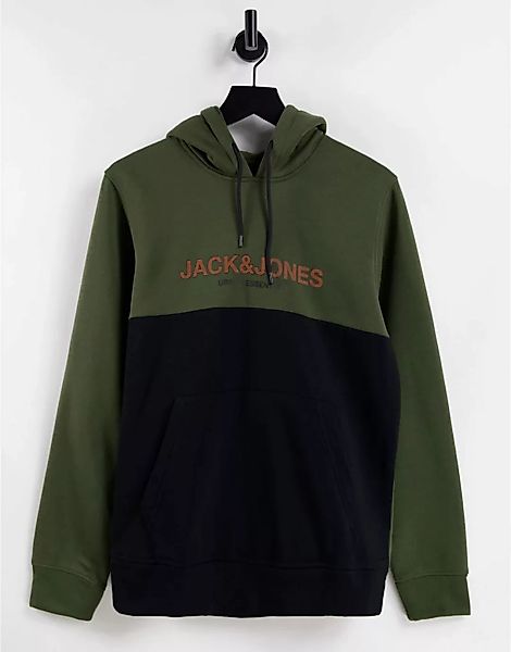 Jack & Jones – Essentials – Kapuzenpullover in Khaki mit Blockfarbendesign- günstig online kaufen
