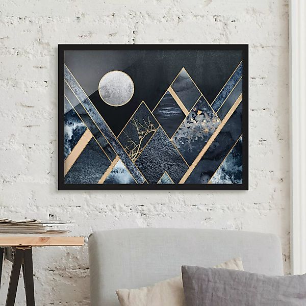Bild mit Rahmen Abstrakt - Querformat Goldener Mond abstrakte schwarze Berg günstig online kaufen