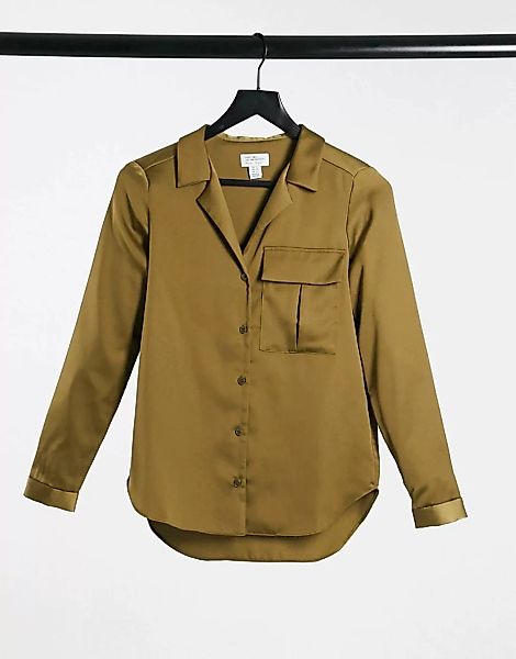 Style Cheat – Satinhemd mit Tasche in Khaki-Weiß günstig online kaufen