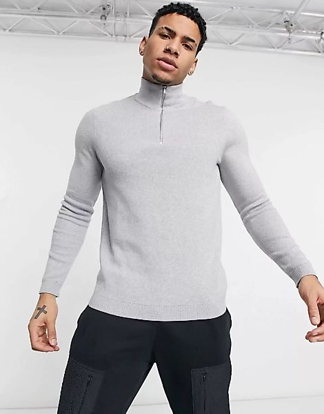 ASOS DESIGN – Pullover aus Baumwolle mit halblangem Reißverschluss in Grau günstig online kaufen