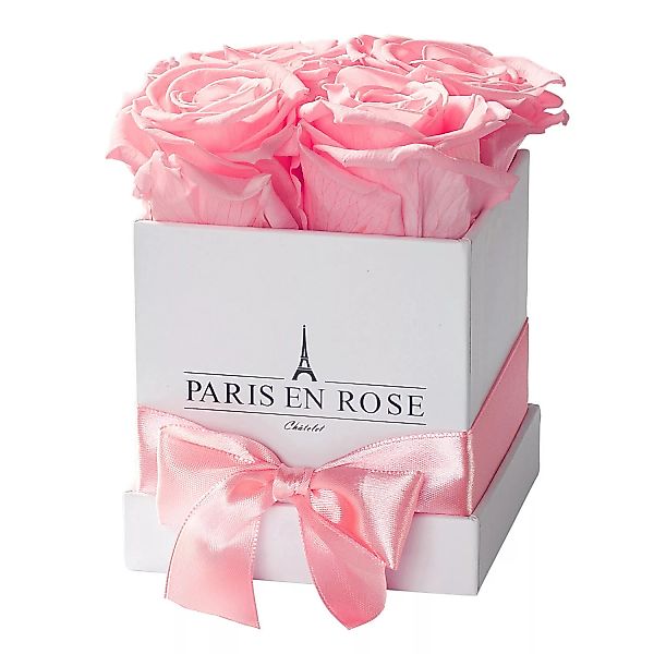 Rosenbox eckig Weiß mit Schleife und 4 Rosa Rosen günstig online kaufen