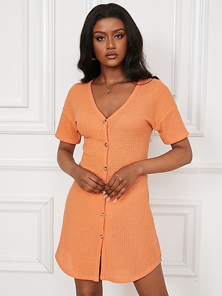 YOINS V-Ausschnitt Knopfleiste vorne kurze Ärmel Mini Kleid günstig online kaufen