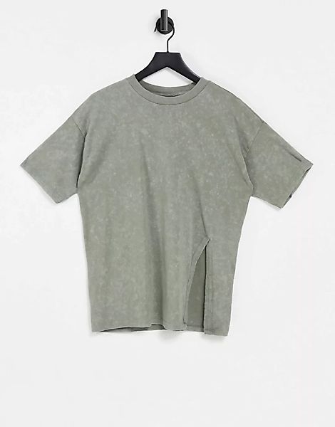 ASOS DESIGN – Oversize-T-Shirt mit Schlitz in verwaschenem Khaki-Grün günstig online kaufen