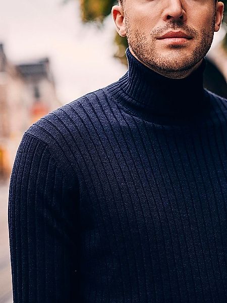 Suitable Rollkragenpullover Merinowolle Dunkelblau Rippstrick - Größe S günstig online kaufen