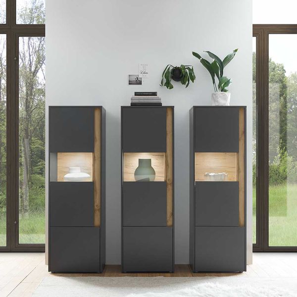 Design Wohnwand in Anthrazit und Wildeiche Optik modern (dreiteilig) günstig online kaufen