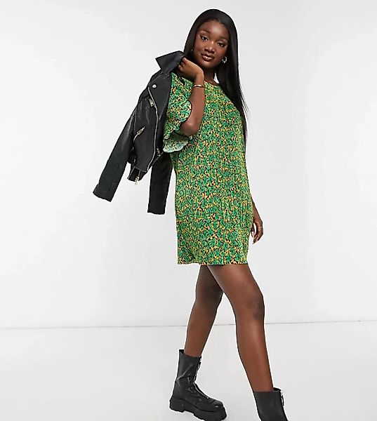ASOS DESIGN Tall – Grün-gelb geblümtes, plissiertes Minikleid mit Rundhalsa günstig online kaufen