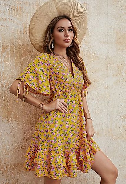 SEGUEN Sommerkleid V-Ausschnitt Blumen Slim Kleid Damen Sommer (Atmungsakti günstig online kaufen