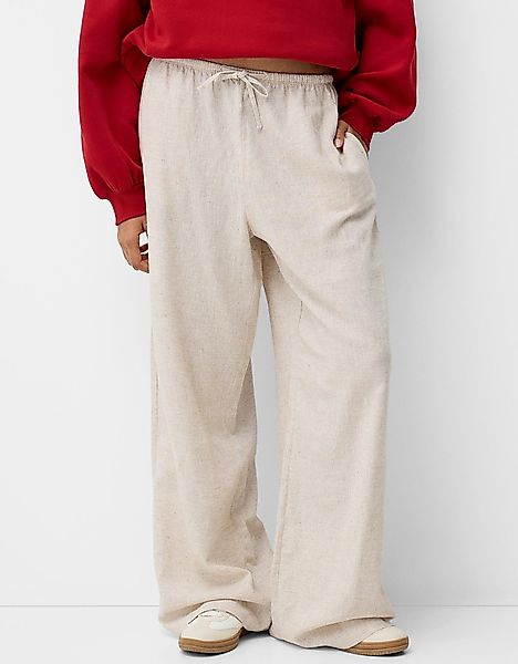 Bershka Straight-Fit-Hose Mit Leinen Und Stretchbund Damen L Rohweiß günstig online kaufen