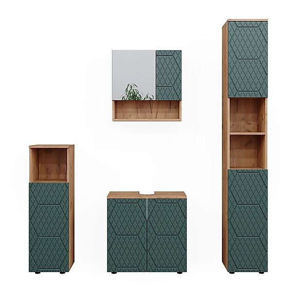 Vicco Badmöbel-Set Irma Goldkraft Eiche/Grün 4 Teile mit Hochschrank günstig online kaufen