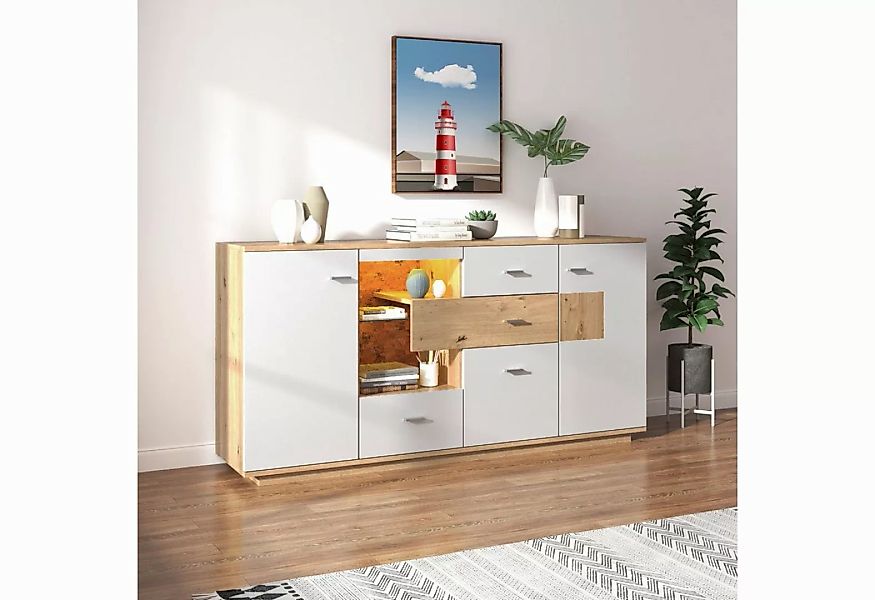 Odikalo TV-Schrank Sideboard Schrank LED 2 Türen 4 Schubladen, Glasablage, günstig online kaufen