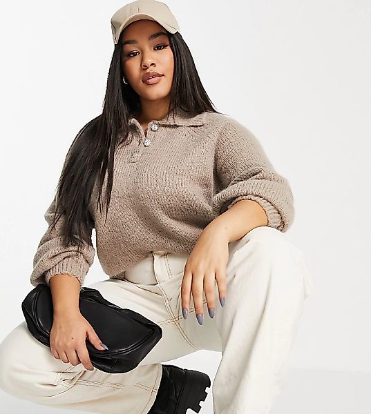 Vero Moda Curve – Pullover in Stein mit Kragen und voluminösen Ärmeln-Neutr günstig online kaufen