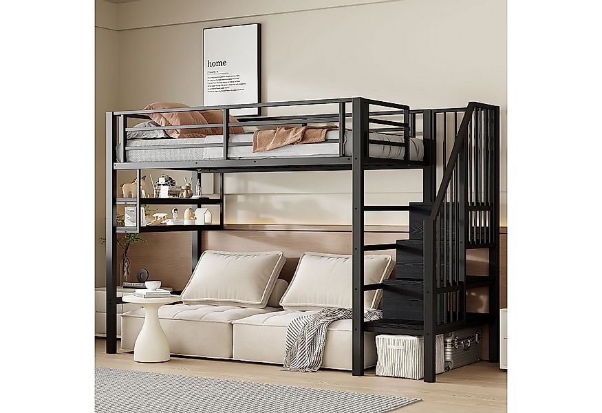 Flieks Hochbett Metallbett 90x200cm mit Einlegeböden und Stauraumtreppe günstig online kaufen