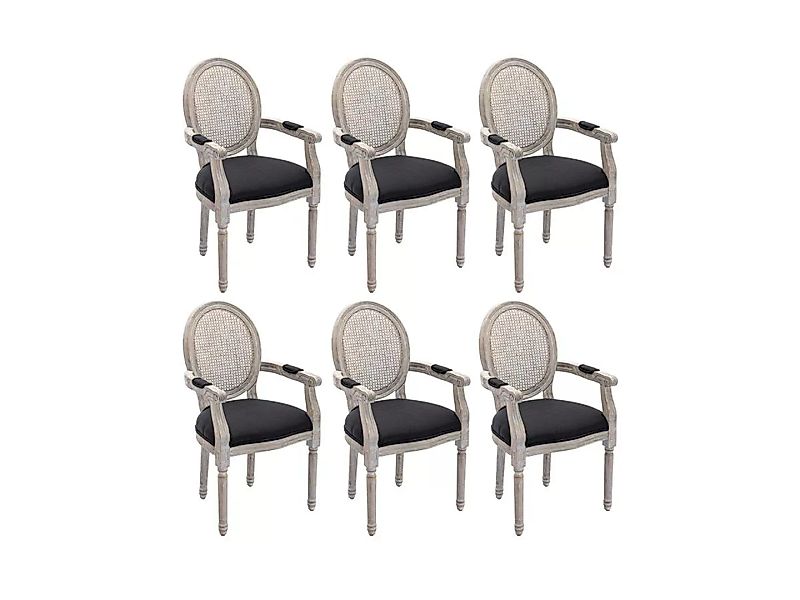 Stuhl mit Armlehnen 6er-Set - Rohrgeflecht, Stoff & Kautschukholz - Schwarz günstig online kaufen