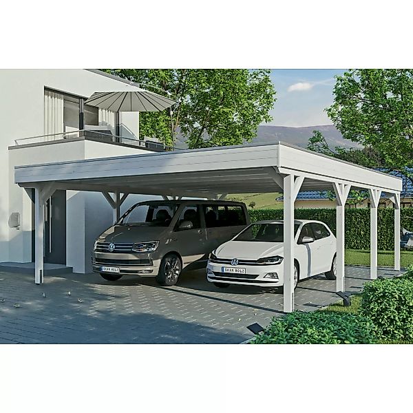 Skan Holz Carport Grunewald 622 cm x 796 cm mit Aluminiumdach Weiß günstig online kaufen