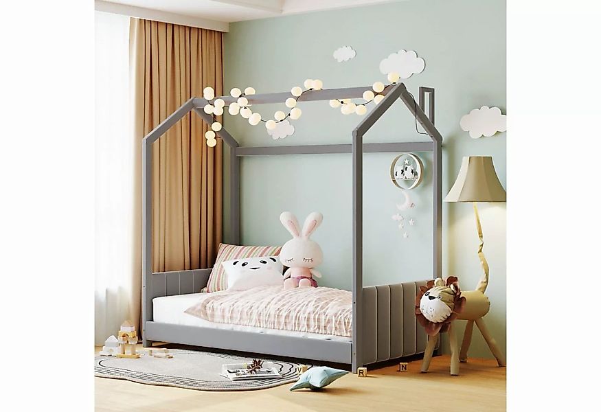SOFTWEARY Kinderbett mit Lattenrost (90x200 cm), Polsterbett, Hausbett, Kie günstig online kaufen