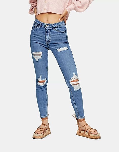 Topshop – Jamie – Jeans in Mittelblau mit großen Rissen günstig online kaufen