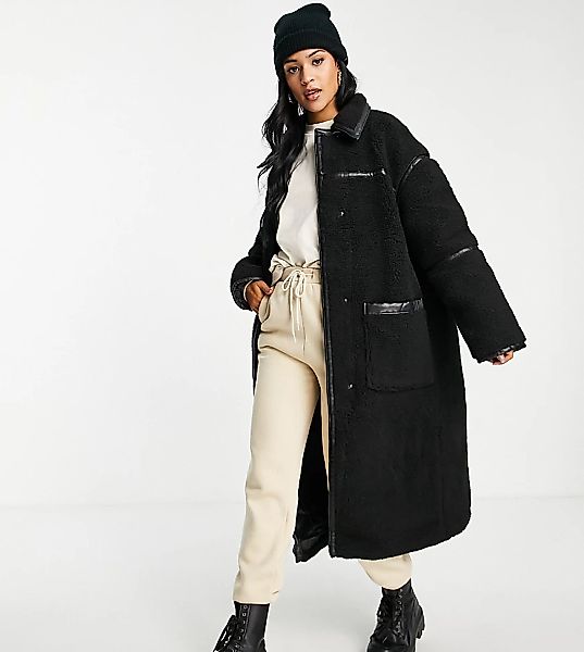 ASOS DESIGN Tall – Langer Mantel aus Teddyfell in Schwarz mit Einfassung in günstig online kaufen