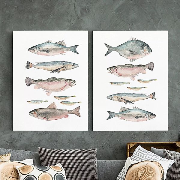2-teiliges Leinwandbild Küche - Hochformat Fische in Aquarell Set I günstig online kaufen