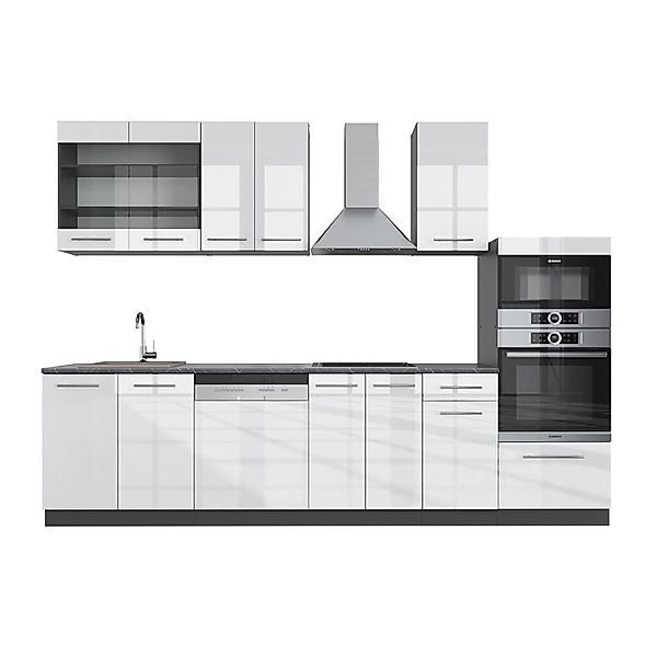 Vicco Fame-Line Küchenzeile Weiß Hochglanz/Anthrazit 300 cm mit Hochschrank günstig online kaufen