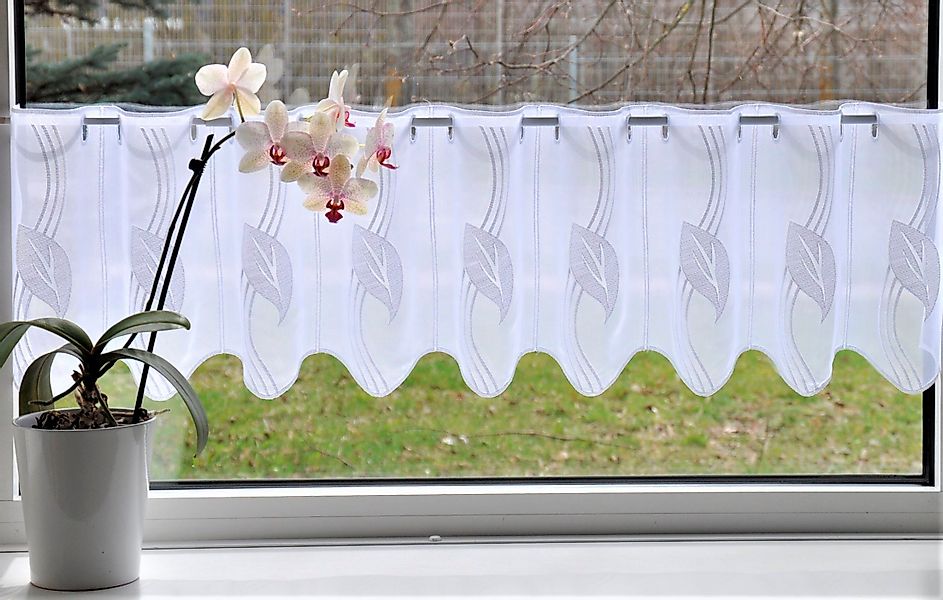 Stickereien Plauen Scheibengardine Blätter, Stangendurchzug (1 günstig online kaufen