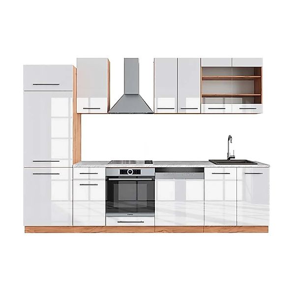 Vicco Fame-Line Küchenzeile Weiß Hochglanz/Goldkraft Eiche 300 cm AP Marmor günstig online kaufen