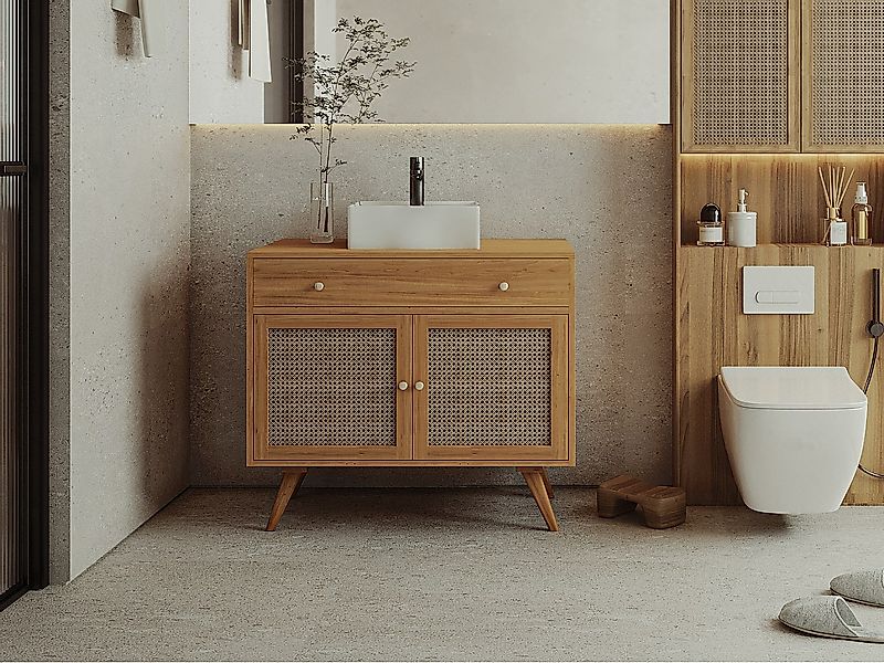 Badezimmerschrank mit Keramikwaschbecken -  helles Teakholz und Rattan - 90 günstig online kaufen