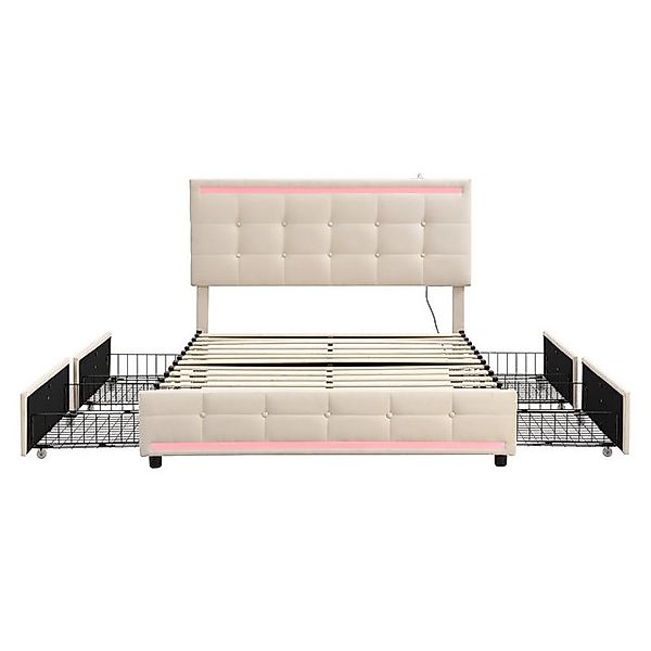 Gotagee Polsterbett Plattformbett mit Schubladen und USB Leinen Beige günstig online kaufen