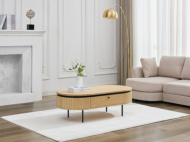 Couchtisch mit 2 Schubladen - Eichenfurnier & Metall - Holzfarben hell & Sc günstig online kaufen